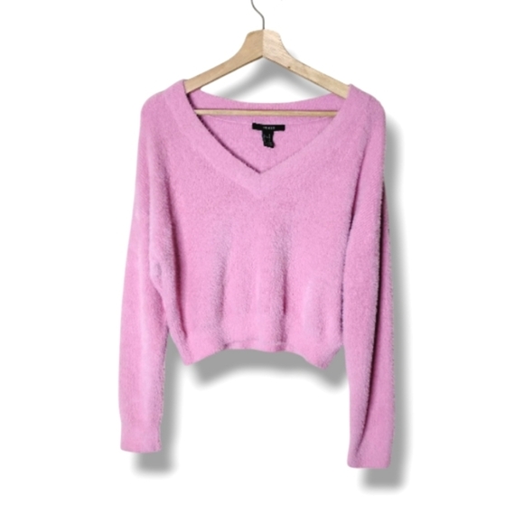 NWT Forever 21 Pink Fuzzy V-Neck Cropped Sweater S Soft Eyelash Knit - Picture 1 of 8